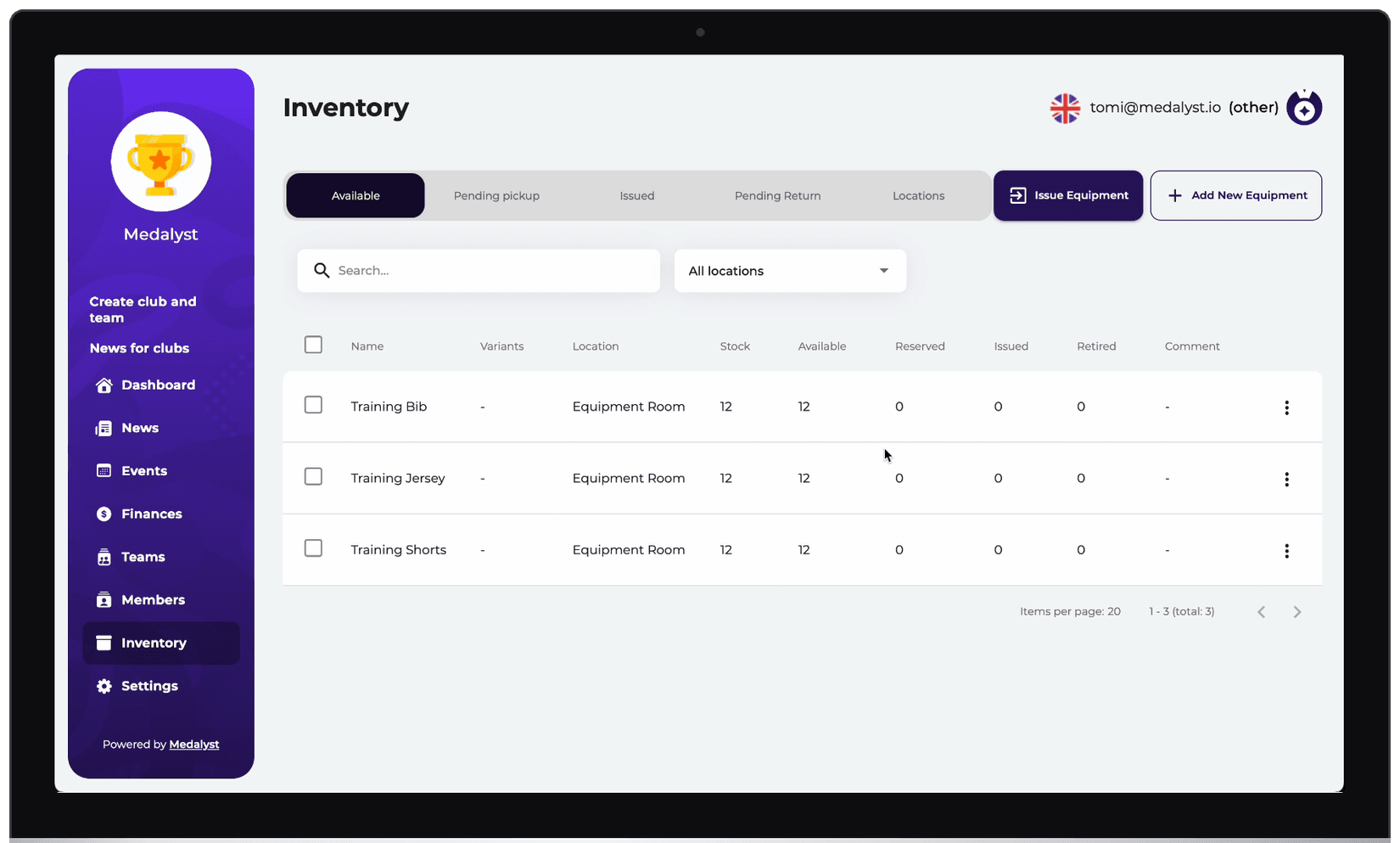 The Medalyst inventory screen on a desktop, showing stock counts and items issued to teams