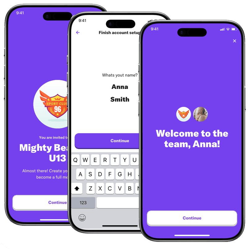 Three phones showing how a player joins a team in the Medalyst app