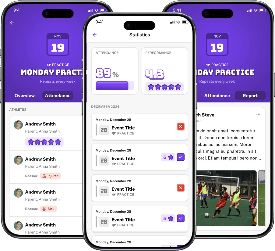 Medalyst mobilapp képernyők: jelenlét, statisztika és edzésriport